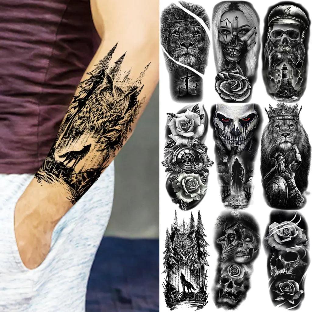 Realistic Black Animals Temporary Tattoos For Women Men Half Arm Sleeve, 3D Large Tribal Tiger Lion Death Skull Fake Tattoo Stickers Halloween, Flower Compass Wolf Owl Tatoos Anchor